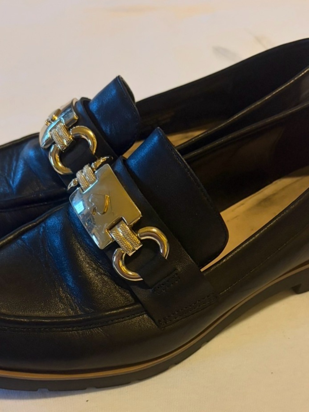 kate spade Black Leather Loafers with Gold-Tone Hardware
